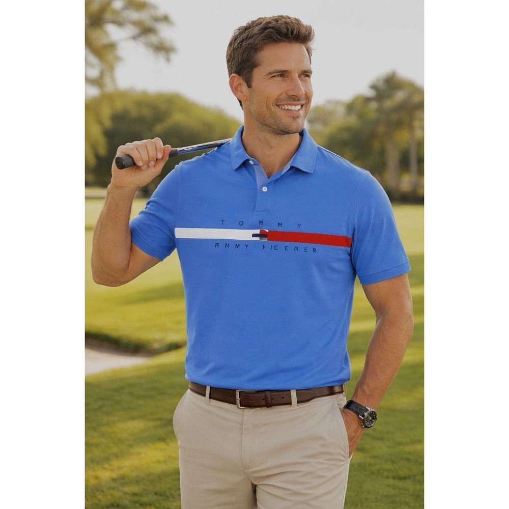 Tommy Hilfiger Polo Shirt XL Custom Fit Blue Logo Stripe Cotton Stretch